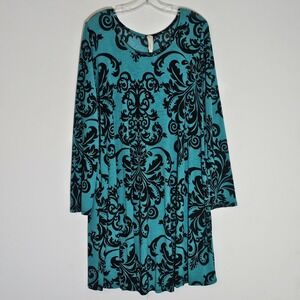 Lilypad Dress Womens 1XL Teal Black Baroque Damask Long Sleeve Pockets Made USA